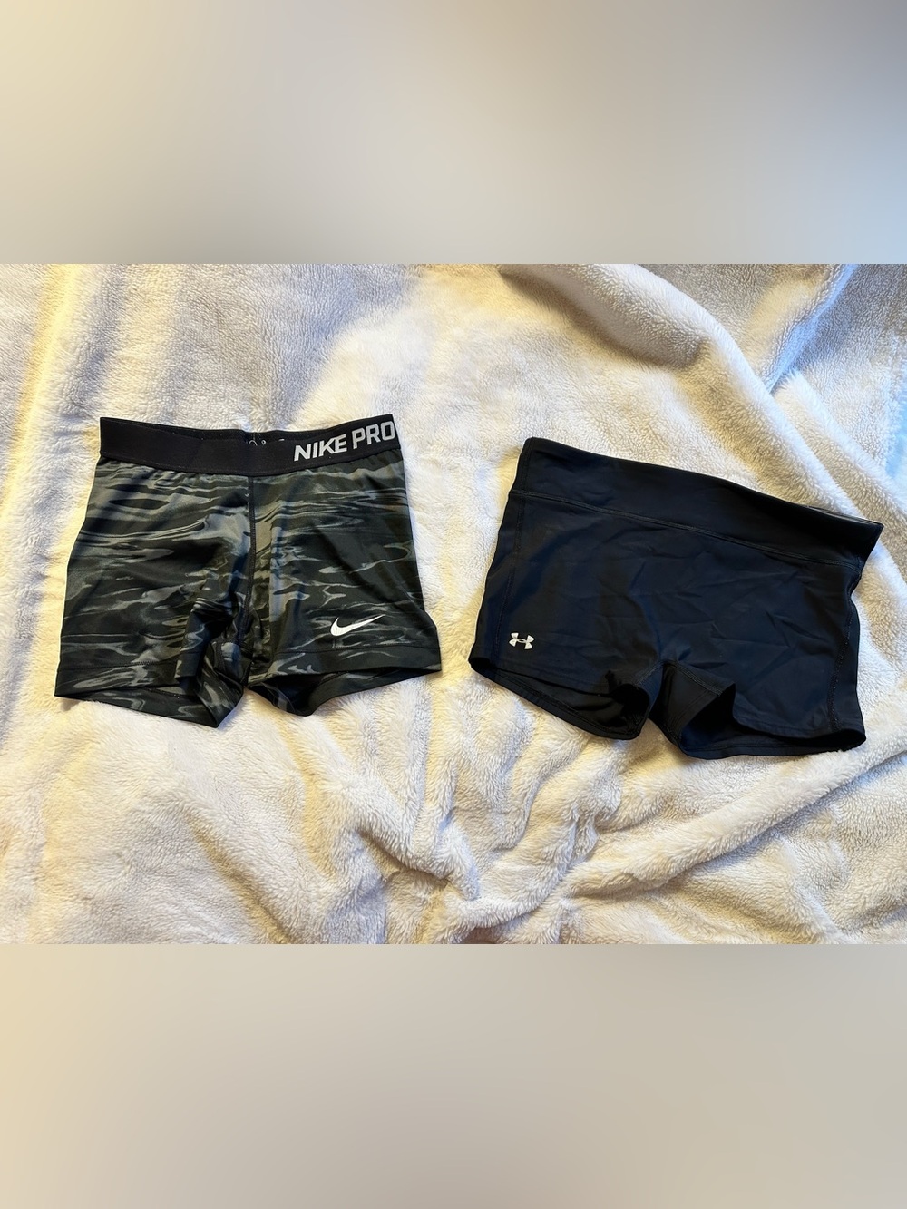 Nike Pro Camo Compression Shorts + Under Armour Black Athletic Shorts